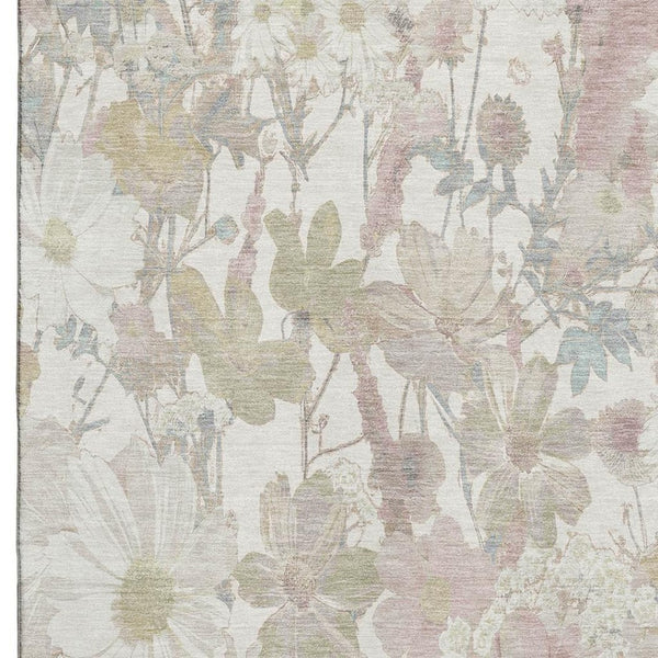 HomeRoots 10' Washable Floral Area Rug in Ivory Beige with UV Protection - Perfect for Homes with Kids & Pets 694110