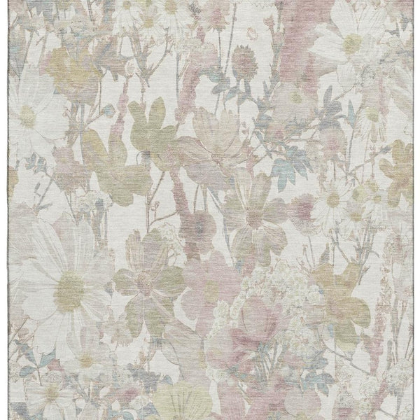 HomeRoots 10' Washable Floral Area Rug in Ivory Beige with UV Protection - Perfect for Homes with Kids & Pets 694110