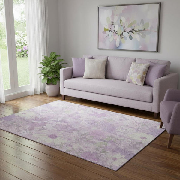 HomeRoots 5' X 8' Lavender and Ivory Floral Area Rug - Washable, UV Protected, Kid & Pet Friendly Design 694112