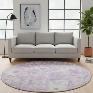HomeRoots 8' Round Floral Rug in Lavender & Ivory – Durable, Washable, UV-Protected, Pet-Friendly Design! 694113