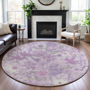 HomeRoots 8' Round Floral Rug in Lavender & Ivory – Durable, Washable, UV-Protected, Pet-Friendly Design! 694113