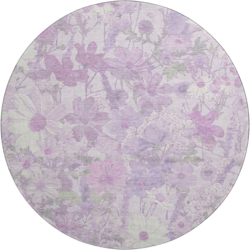 HomeRoots 8' Round Floral Rug in Lavender & Ivory – Durable, Washable, UV-Protected, Pet-Friendly Design! 694113