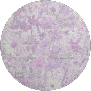 HomeRoots 8' Round Floral Rug in Lavender & Ivory – Durable, Washable, UV-Protected, Pet-Friendly Design! 694113