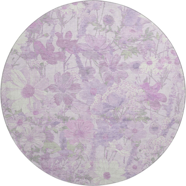 HomeRoots 8' Round Floral Rug in Lavender & Ivory – Durable, Washable, UV-Protected, Pet-Friendly Design! 694113