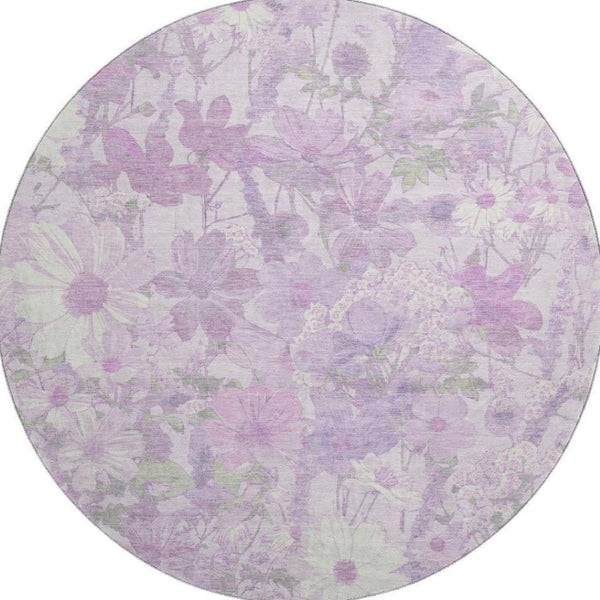 HomeRoots 8' Round Floral Rug in Lavender & Ivory – Durable, Washable, UV-Protected, Pet-Friendly Design! 694113