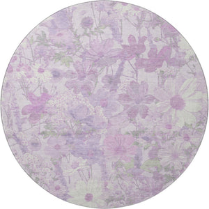 HomeRoots 8' Round Floral Rug in Lavender & Ivory – Durable, Washable, UV-Protected, Pet-Friendly Design! 694113