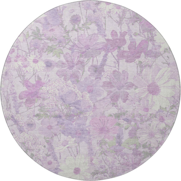 HomeRoots 8' Round Floral Rug in Lavender & Ivory – Durable, Washable, UV-Protected, Pet-Friendly Design! 694113
