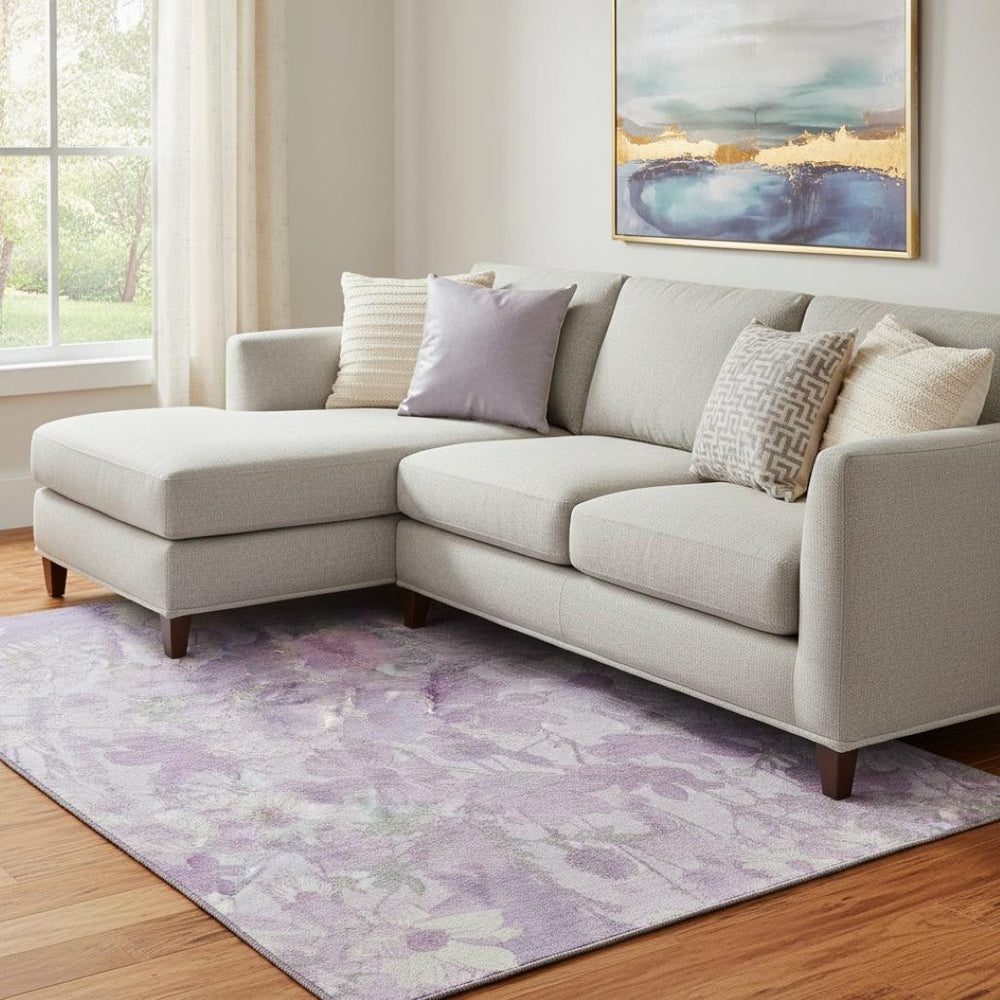 HomeRoots 8' Elegant Lavender & Ivory Floral Washable Area Rug with UV Protection for Busy Family Spaces 694114