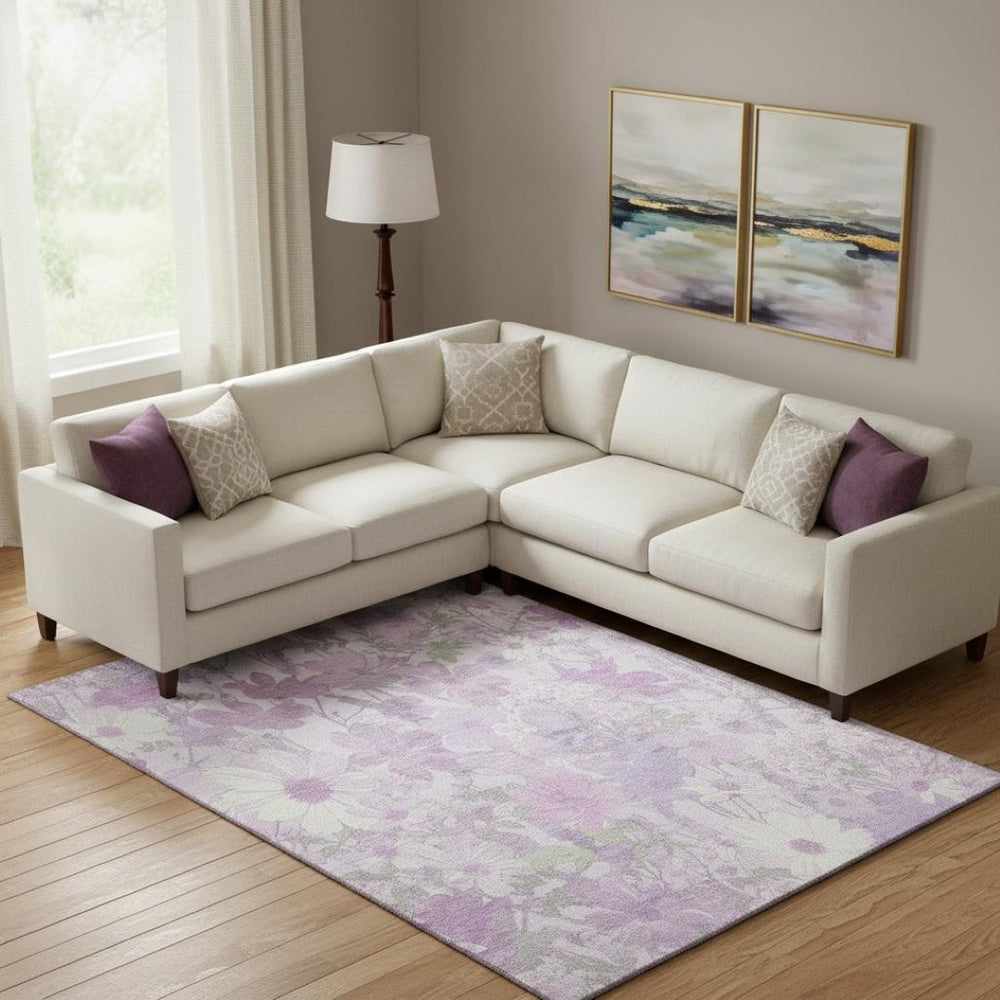 HomeRoots 9' X 12' Elegant Lavender & Ivory Floral Washable Area Rug with UV Protection for High-Traffic Spaces 694115