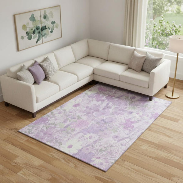 HomeRoots 10' Lavender & Ivory Floral Washable Area Rug - Stain Resistant, UV Protected for High-Traffic Homes 694116