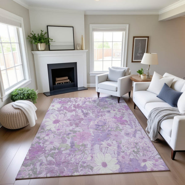 HomeRoots 10' Lavender & Ivory Floral Washable Area Rug - Stain Resistant, UV Protected for High-Traffic Homes 694116