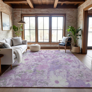 HomeRoots 10' Lavender & Ivory Floral Washable Area Rug - Stain Resistant, UV Protected for High-Traffic Homes 694116