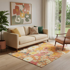 HomeRoots 5' X 8' Floral Washable Area Rug in Orange, Ivory & Pink – UV Protected, Durable & Easy to Clean! 694118
