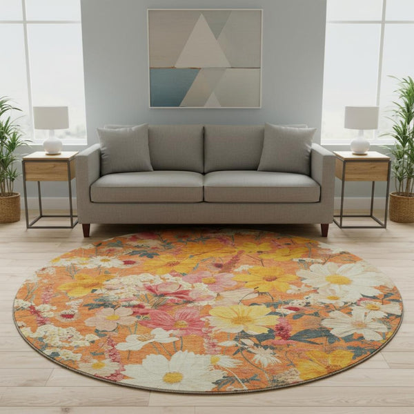 HomeRoots 8' X 8' Floral Round Rug in Orange, Ivory & Pink - Washable, UV Protected & Ideal for High Traffic Areas 694119