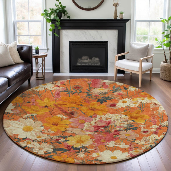 HomeRoots 8' X 8' Floral Round Rug in Orange, Ivory & Pink - Washable, UV Protected & Ideal for High Traffic Areas 694119