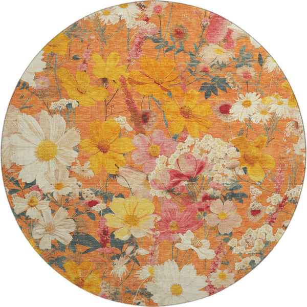 HomeRoots 8' X 8' Floral Round Rug in Orange, Ivory & Pink - Washable, UV Protected & Ideal for High Traffic Areas 694119