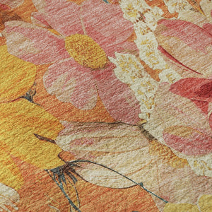 HomeRoots 8' X 8' Floral Round Rug in Orange, Ivory & Pink - Washable, UV Protected & Ideal for High Traffic Areas 694119