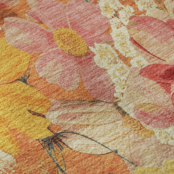 HomeRoots 8' X 8' Floral Round Rug in Orange, Ivory & Pink - Washable, UV Protected & Ideal for High Traffic Areas 694119
