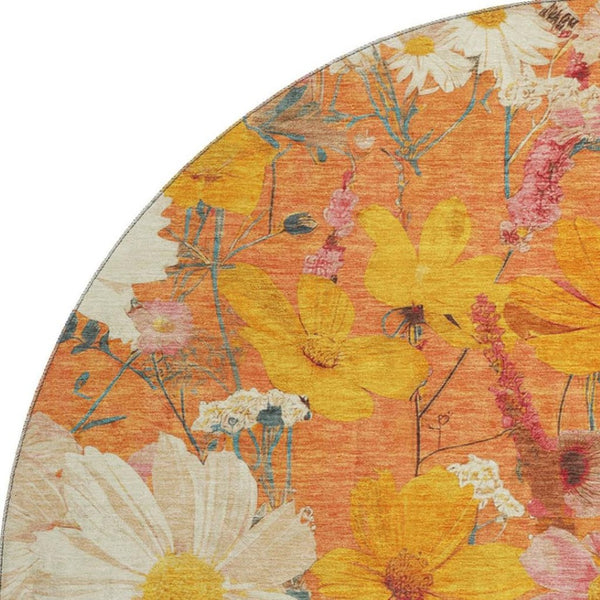 HomeRoots 8' X 8' Floral Round Rug in Orange, Ivory & Pink - Washable, UV Protected & Ideal for High Traffic Areas 694119
