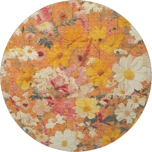 HomeRoots 8' X 8' Floral Round Rug in Orange, Ivory & Pink - Washable, UV Protected & Ideal for High Traffic Areas 694119