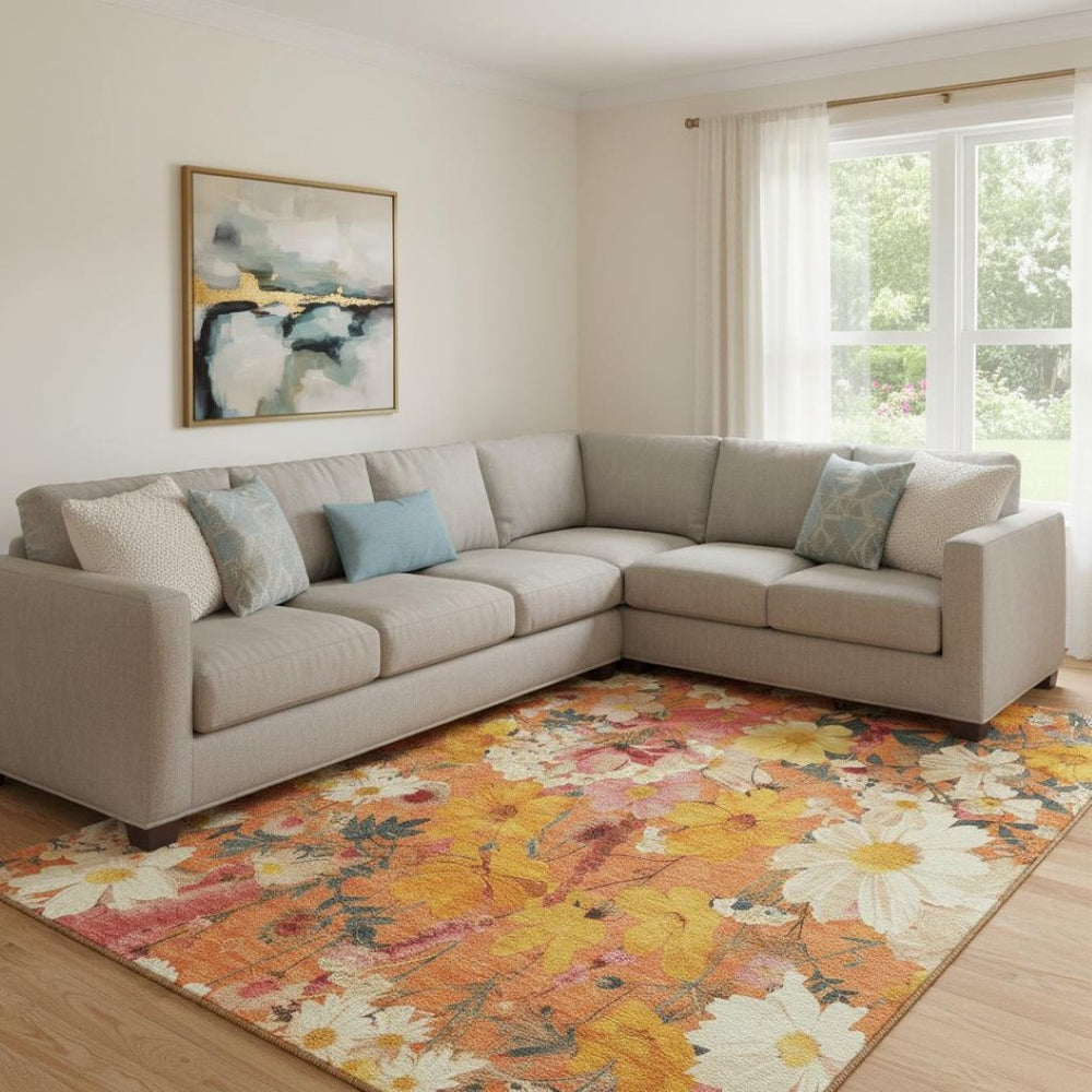 HomeRoots 8' Washable Floral Area Rug in Orange, Ivory, & Pink with UV Protection for Stylish Living Spaces 694120