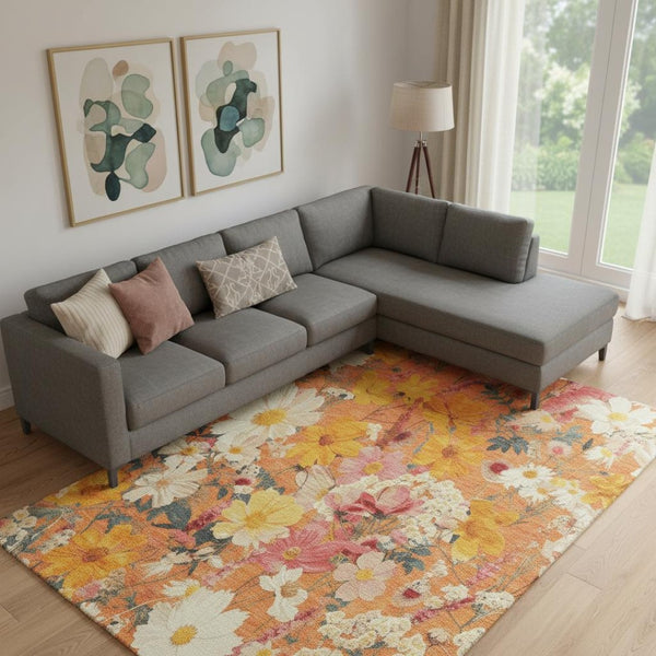 HomeRoots 9' X 12' Floral Washable Area Rug in Orange, Ivory & Pink – Stain Resistant with UV Protection! 694121