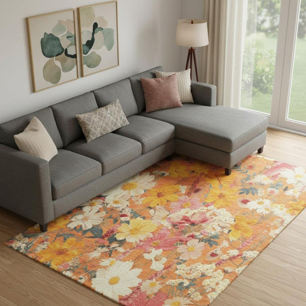 HomeRoots 10' X 14' Vibrant Washable Area Rug in Orange, Ivory & Pink Floral with UV Protection for Homes 694122
