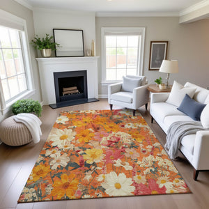 HomeRoots 10' X 14' Vibrant Washable Area Rug in Orange, Ivory & Pink Floral with UV Protection for Homes 694122