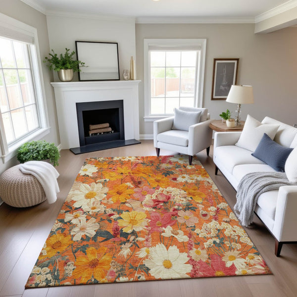 HomeRoots 10' X 14' Vibrant Washable Area Rug in Orange, Ivory & Pink Floral with UV Protection for Homes 694122