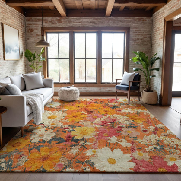 HomeRoots 10' X 14' Vibrant Washable Area Rug in Orange, Ivory & Pink Floral with UV Protection for Homes 694122