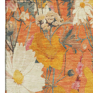 HomeRoots 10' X 14' Vibrant Washable Area Rug in Orange, Ivory & Pink Floral with UV Protection for Homes 694122