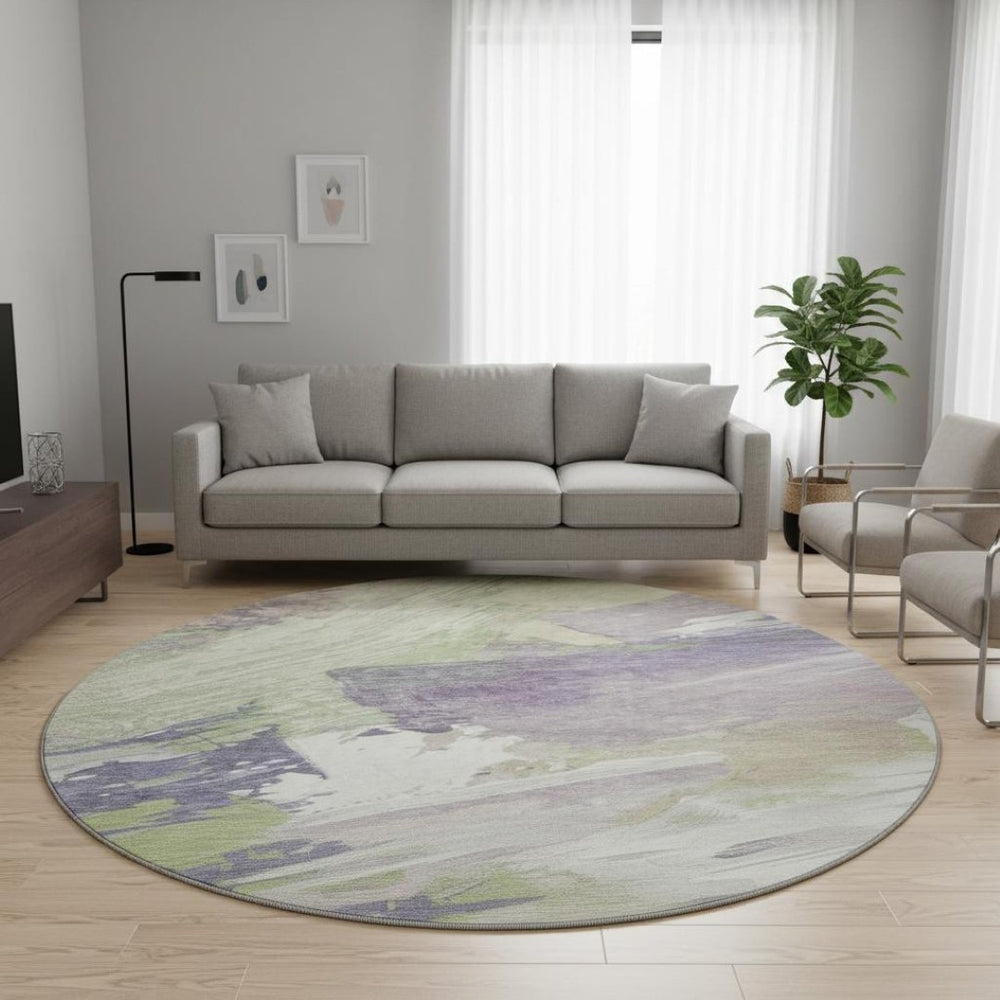 HomeRoots 8' X 8' Stylish Artichoke Green Abstract Washable Round Rug with UV Protection for High-Traffic Areas 694125