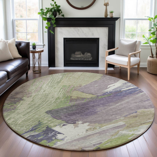HomeRoots 8' X 8' Stylish Artichoke Green Abstract Washable Round Rug with UV Protection for High-Traffic Areas 694125