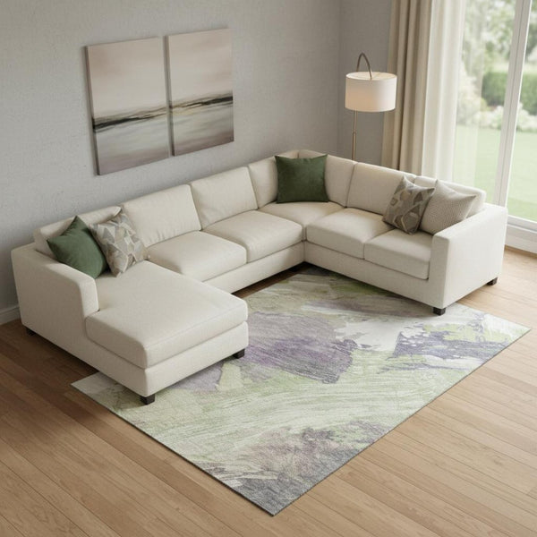 HomeRoots 9' X 12' Artichoke Green Ivory Taupe Abstract Washable Area Rug - Durable, Stain Resistant & UV Protected 694127