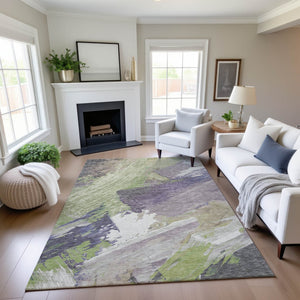 HomeRoots 9' X 12' Artichoke Green Ivory Taupe Abstract Washable Area Rug - Durable, Stain Resistant & UV Protected 694127