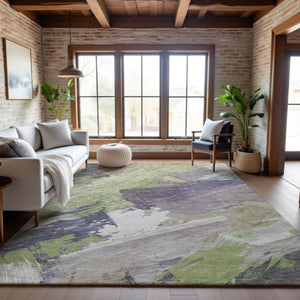 HomeRoots 9' X 12' Artichoke Green Ivory Taupe Abstract Washable Area Rug - Durable, Stain Resistant & UV Protected 694127