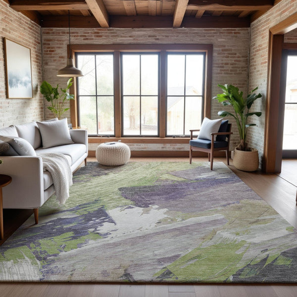 HomeRoots 9' X 12' Artichoke Green Ivory Taupe Abstract Washable Area Rug - Durable, Stain Resistant & UV Protected 694127