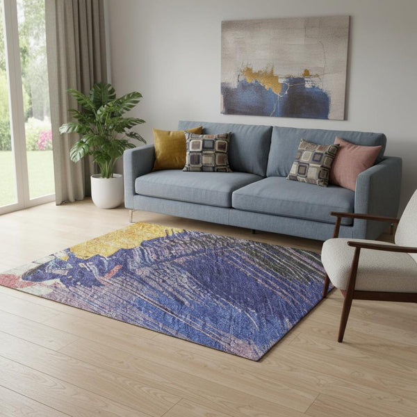 HomeRoots 5' Vibrant Abstract Area Rug in Gold, Purple, Teal & Red - Washable, UV-Protected & Stain-Resistant 694130