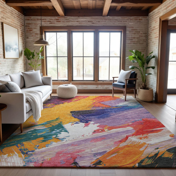 HomeRoots 5' Vibrant Abstract Area Rug in Gold, Purple, Teal & Red - Washable, UV-Protected & Stain-Resistant 694130