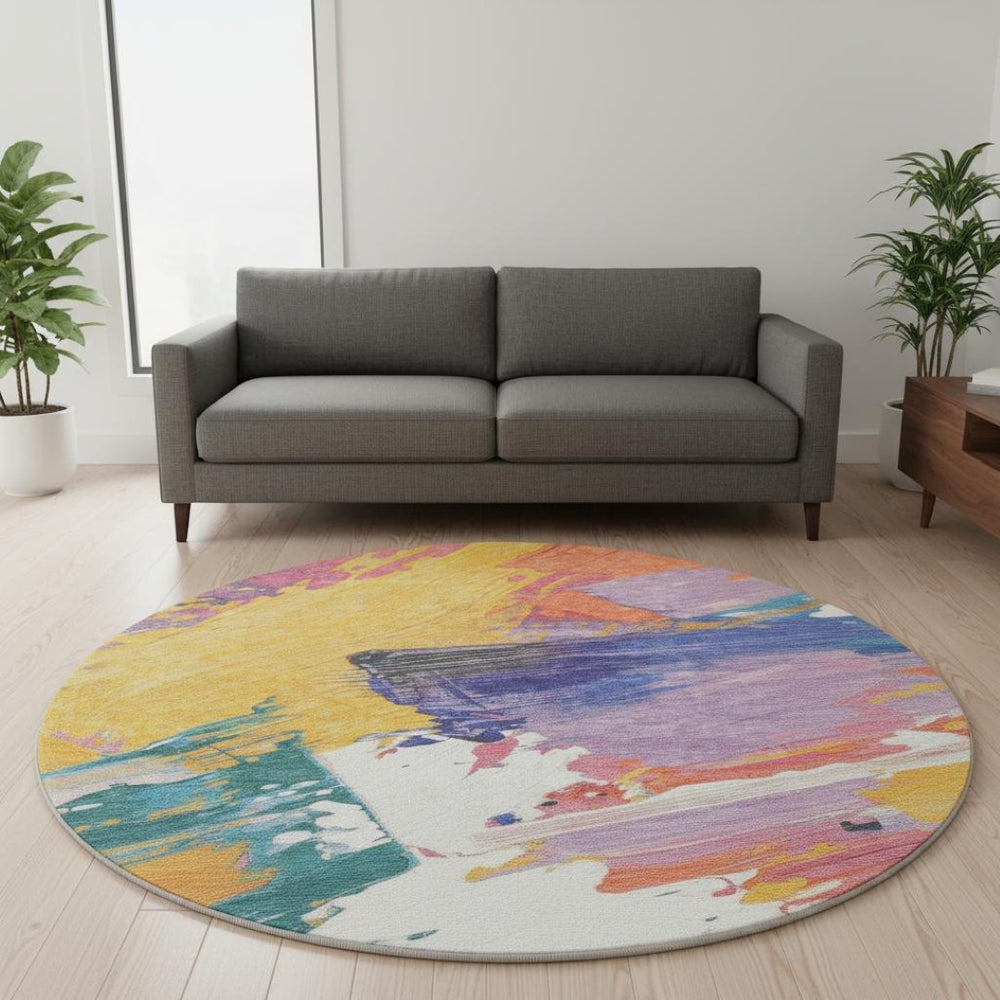 HomeRoots 8' Round Abstract Rug in Gold, Purple, Teal & Red – Washable, UV-Protected, Stain-Resistant Design! 694131