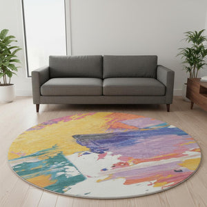 HomeRoots 8' Round Abstract Rug in Gold, Purple, Teal & Red – Washable, UV-Protected, Stain-Resistant Design! 694131