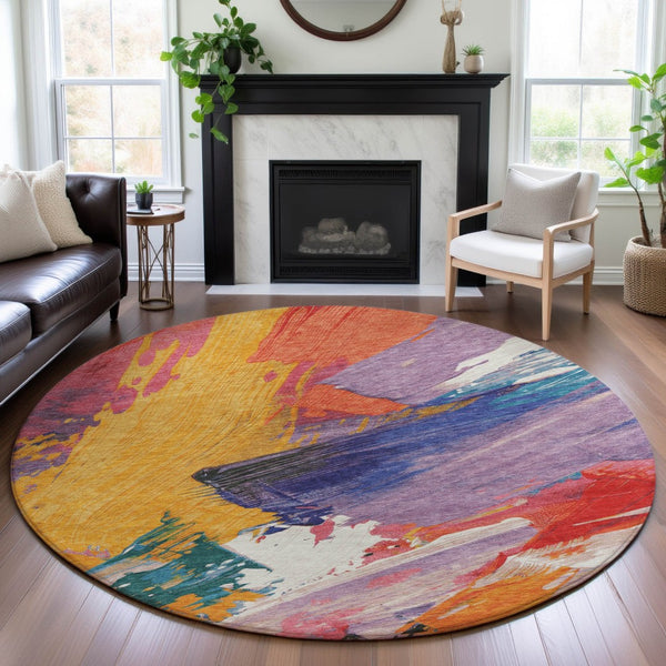 HomeRoots 8' Round Abstract Rug in Gold, Purple, Teal & Red – Washable, UV-Protected, Stain-Resistant Design! 694131