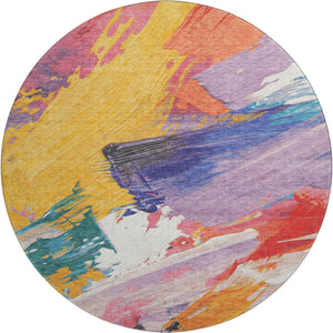 HomeRoots 8' Round Abstract Rug in Gold, Purple, Teal & Red – Washable, UV-Protected, Stain-Resistant Design! 694131