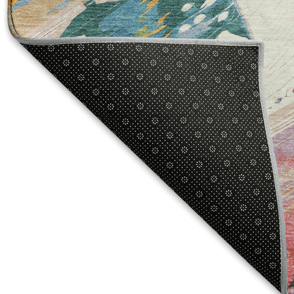 HomeRoots 8' Round Abstract Rug in Gold, Purple, Teal & Red – Washable, UV-Protected, Stain-Resistant Design! 694131