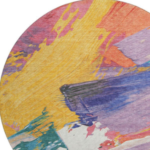 HomeRoots 8' Round Abstract Rug in Gold, Purple, Teal & Red – Washable, UV-Protected, Stain-Resistant Design! 694131