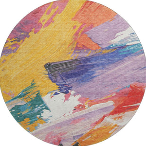 HomeRoots 8' Round Abstract Rug in Gold, Purple, Teal & Red – Washable, UV-Protected, Stain-Resistant Design! 694131