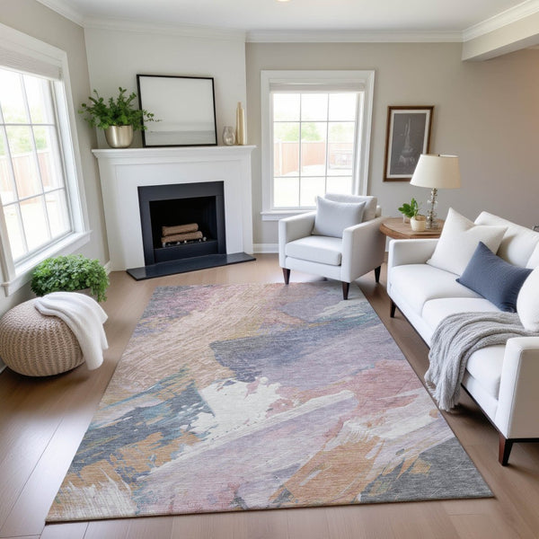 HomeRoots 5' X 8' Washable Abstract Area Rug in Pink, Ivory & Beige - Durable, UV-Protected & Non-Slip Design 694136