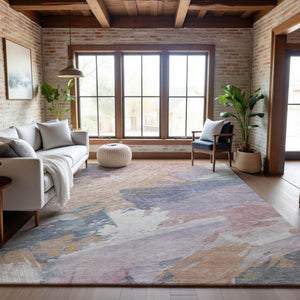 HomeRoots 5' X 8' Washable Abstract Area Rug in Pink, Ivory & Beige - Durable, UV-Protected & Non-Slip Design 694136