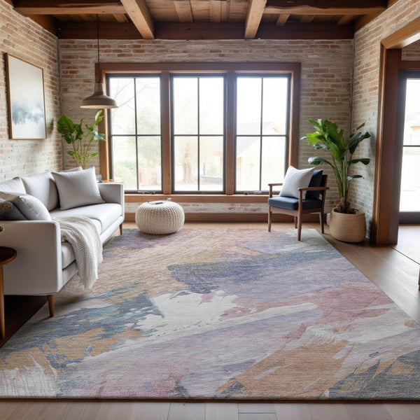 HomeRoots 5' X 8' Washable Abstract Area Rug in Pink, Ivory & Beige - Durable, UV-Protected & Non-Slip Design 694136