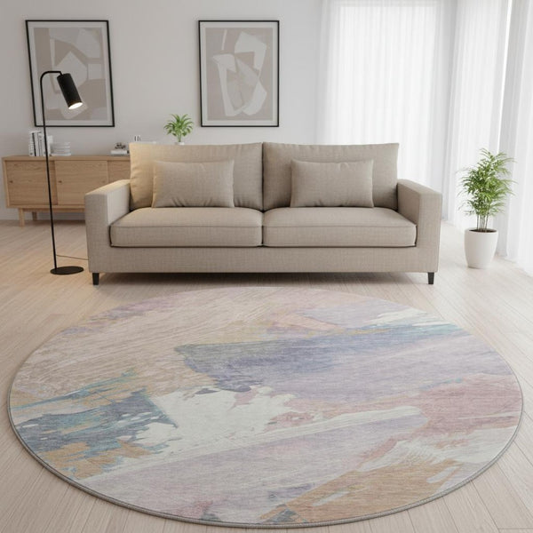 HomeRoots 8' X 8' Abstract Pink Ivory Beige Washable Round Rug - Durable, Stain Resistant, UV Protected Design 694137